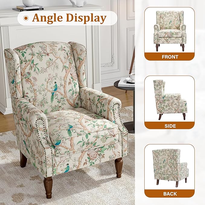 Wingback Accent Chair, High Back Upholstered Armchair, Printed Fabric Wingback Arms Chairs with Wood Legs, Single Sofa Reading Chair for Bedroom Living Room, Bird