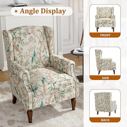 Wingback Accent Chair, High Back Upholstered Armchair, Printed Fabric Wingback Arms Chairs with Wood Legs, Single Sofa Reading Chair for Bedroom Living Room, Bird