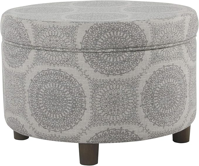 HomePop Home Decor | Upholstered Round Storage Ottoman | Ottoman with Storage for Living Room & Bedroom (Light Grey Medallion) Large