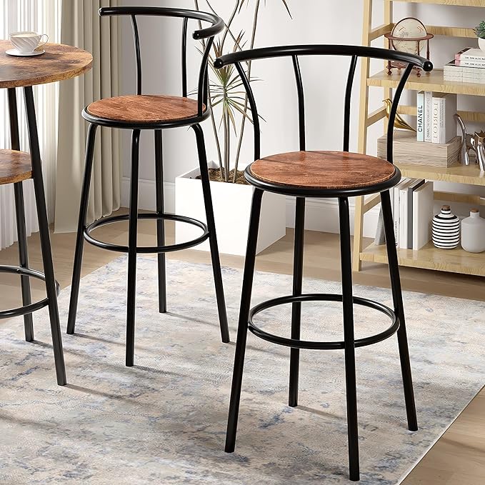 VECELO Bar Stools Set of 2, Swivel Counter Barstools with Backrest, Bar Height Chairs for Dining Room, Kitchen Island, Pub, Easy Assembly, Retro Brown