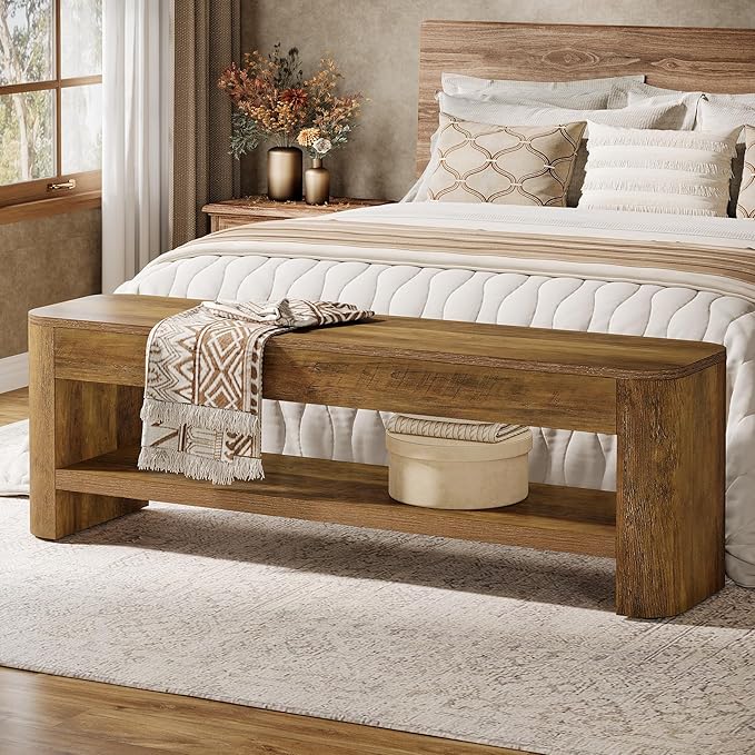 Tribesigns Farmhouse Entryway Bench, 53.5" Wood End of Bed Bench with Shoe Storage, 2-Tier Narrow Indoor Bench for Entryway, Bedroom, Hallway