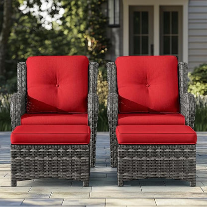 4 Pieces Patio Conversation Set, Wicker Chairs Set of 2 and Two Ottomans with 3.5-inch Seat Cushions, High Back and Curved Armrest for Backyard, Balcony and Deck, Red