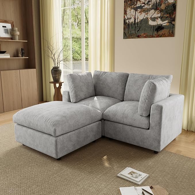 WJShome Sectional Couches for Living Room, 67 Inch Loveseat Sofa with Ottoman, Modern Chenille Fabric & Double Layer Cushions, Modular Couch for Apartment/Bedroom，Gray