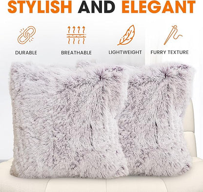 Cheer Collection Throw Pillows for Couch and Bed, Soft Shaggy Throw Pillows with Inserts Included, Cozy Long Hair Faux Fur Pillows - Set of 2-20" x 20" - Purple