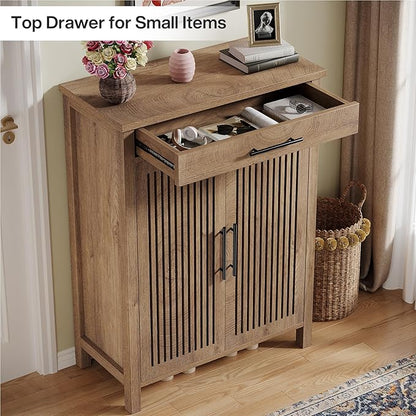 Tribesigns Shoe Cabinet, 5-Tier Shoe Storage Cabinet with Louvered Doors and Drawer, Freestanding Wooden Shoe Rack Organizer with Adjustable Shelves for Entryway, Hallway, Natural