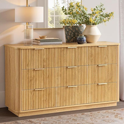 win2win 9 Drawer Dresser, Mid Century Modern Dresser with Storage, 55" Wide Fluted Chest of Drawers with Faux Marble Top, Dressers TV Stand, Drawers Organizer for Bedroom, Living Room, Hallway Oak