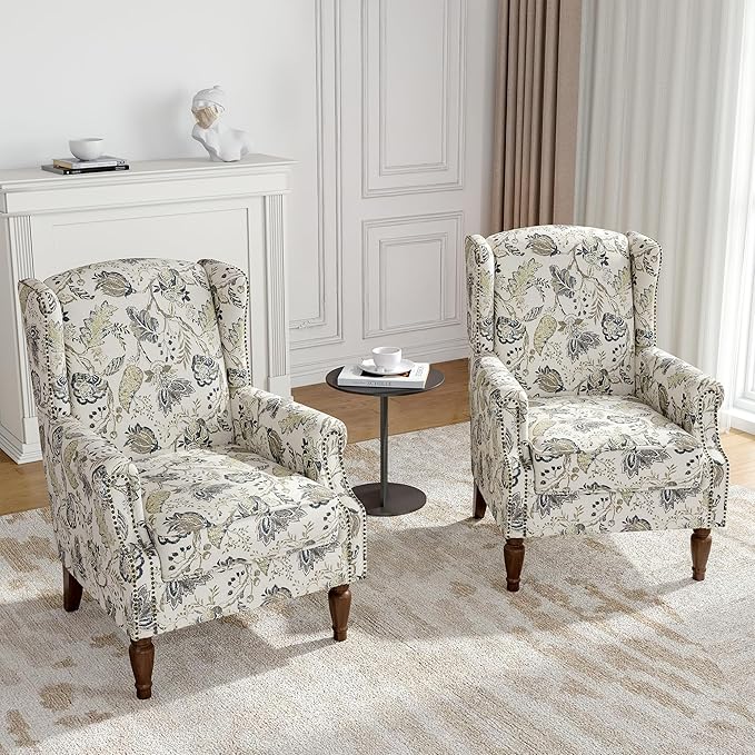 Floral Wingback Accent Chairs Set of 2, High Back Upholstered Armchair, Comfy Fabric Wingback Arms Chairs with Retro Solid Wood Legs, Single Sofa Reading Chair for Bedroom Living Room, Plants Beige