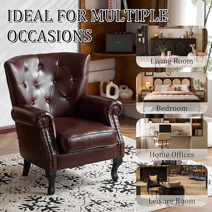 Modern Faux Leather Accent Chair, Upholstered Mid-Century Armchair with Solid Wood Legs, Single Sofa Chair for Living Room, Bedroom, or Reading Room（Reddish Brown）