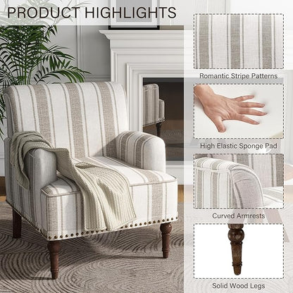 UIXE Stripe Accent Chairs Set of 2, Living Room Arm Chair Modern Nailhead Trim Club Armchair, Comfy Upholstered Sofa Lounge Seat Reading Seat Bedroom Side Seating for Home Office, Brown