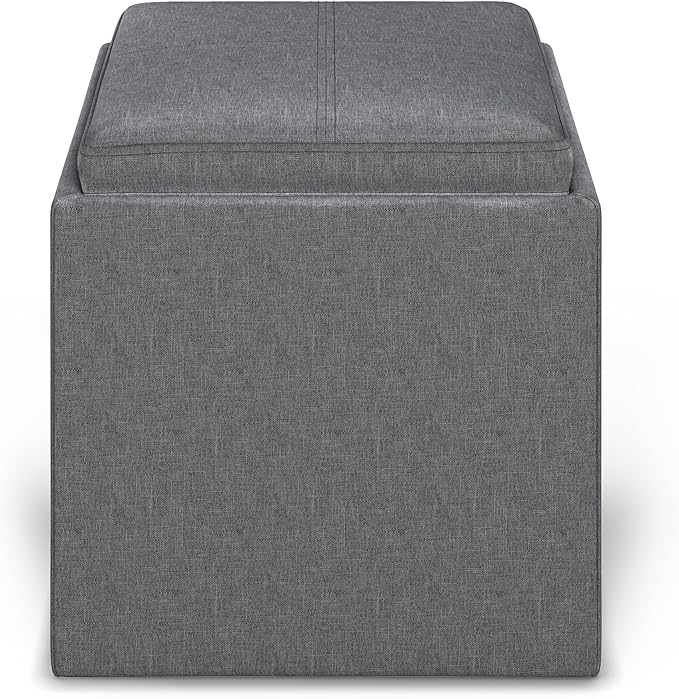 SIMPLIHOME Rockwood 18 inch Wide Contemporary Square Cube Storage Ottoman with Tray in Slate Grey Linen Look Fabric, Assembled, For the Living Room, Entryway and Family Room