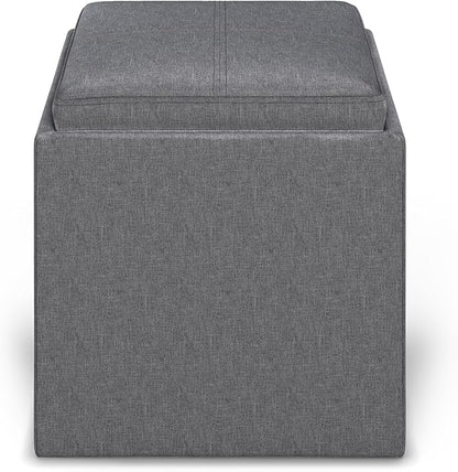 SIMPLIHOME Rockwood 18 inch Wide Contemporary Square Cube Storage Ottoman with Tray in Slate Grey Linen Look Fabric, Assembled, For the Living Room, Entryway and Family Room