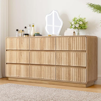Fluted 9 Drawer Dresser for Bedroom, 60" Wide Modern Chest of Storage Drawers, Wood Dresser & Chest of Drawers with Curved Corners, Dressers TV Stand for Living Room (60" Natural 9 Drawer)