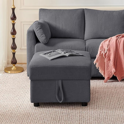 Corduroy Storage Ottoman for Living Room Sofas Couches, Square Ottoman with Storage Space Foot Rest Stool for Apartment, Dorm, Entryway, Grey