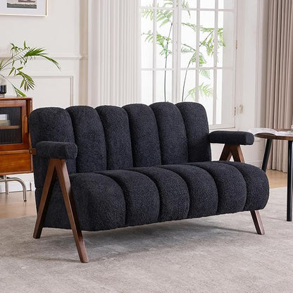 Mid Century Modern Accent Chair Loveseat Sofa with Solid Wood Frame, Boucle Upholstered Living Room Chairs with Thick Cushion, Comfy Tufted Arm Chair for Bedroom, Black