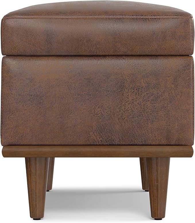 SIMPLIHOME Shiloh 26 inch Wide Transitional Contemporary Small Storage Ottoman in Distressed Chestnut Brown Vegan Faux Leather, Assembled, for The Living Room, Entryway and Family Room