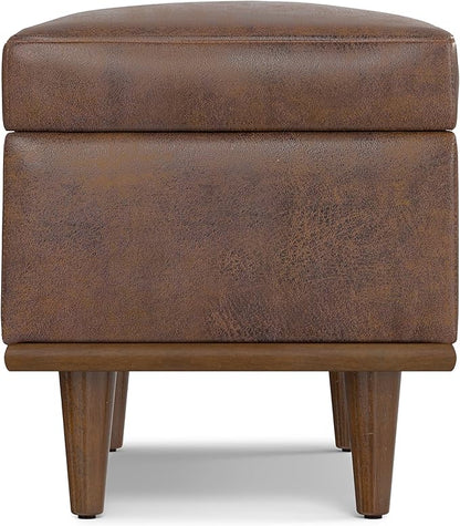 SIMPLIHOME Shiloh 26 inch Wide Transitional Contemporary Small Storage Ottoman in Distressed Chestnut Brown Vegan Faux Leather, Assembled, for The Living Room, Entryway and Family Room