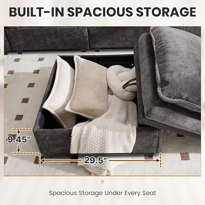 130" U Shaped Modular Sectional Sofa, Couch with Ottoman Storage, Chenille Cloud Couch with Plush Deep Seating for Living Room, Bedroom (7 Seat, Grey)