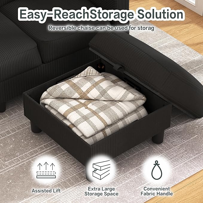 JY QAQA Convertible Sectional Sofa Couch with 3-Seat Sofa, L-Shaped Ottoman Couch with Modern Linen Fabric for Small Living Room, Apartment and Small Space(Black)