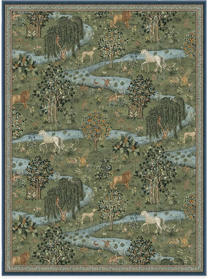 RUGGABLE x Morris & Co Washable Area Rug – Owl & Willow Green 9x12, Stain-Resistant, Non-Slip – Large Machine Washable Rugs for Living Room, Bedroom, Hallway, Entryway & Office–with Cushioned Pad