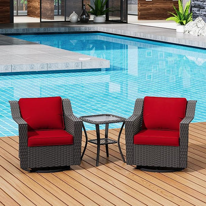 3 Pieces Patio Conversation Furniture Set - 2 Swivel Chairs, 1 Side Table, Outdoor Wicker Rocking Glider Armchairs with Washable and Water-Resistant Cushions for Porch, Balcony (Red)