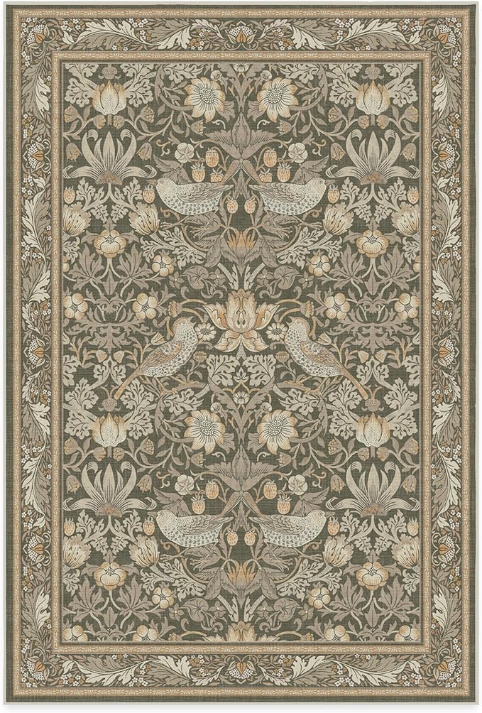 RUGGABLE x Morris & Co Washable Area Rug–Strawberry Thief Stone Gold 6x9, Stain-Resistant, Non-Slip–Medium Machine Washable Rugs for Living Room, Bedroom, Hallway, Entryway & Office–with Standard Pad