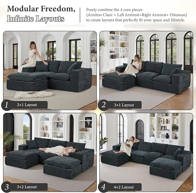 108" Sectional Couches for Living Room Boneless Couch Upholstered Cloud Couch Sectional Modular Sectional Sofa with L Shaped (Chenille-Blue, 3 Seat+2 Ottoman)