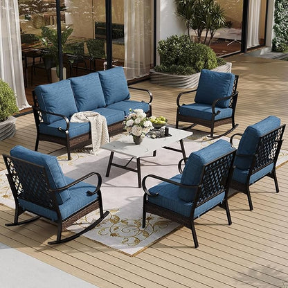 6 Piece Metal Outdoor Patio Furniture Set, Patio Conversation Set 3-Seater Sofa, 2 Fixed Sofa, 2 Rocking Chair with 5.75" Thick Cushion & Coffee Table Black Backyard Furniture, Blue-2