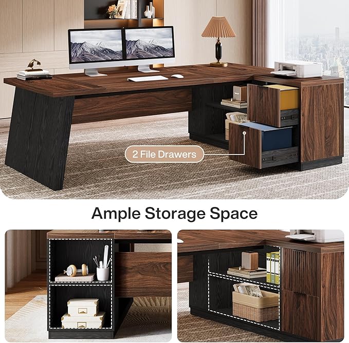 Tribesigns 78" L Shaped Executive Desk, Large Office Desk with Drawers and Storage Shelves, Modern Corner Computer Table Business Furniture for Home Office (Black & Brown)