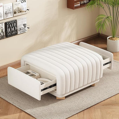 Christopher Knight Home Reyno Upholstered Ottoman with Storage for Living Room, Chenille Fabric Storage Ottoman Foot Rest with Side Drawers, Modern Square Coffee Table with Wooden Frame, Light Beige