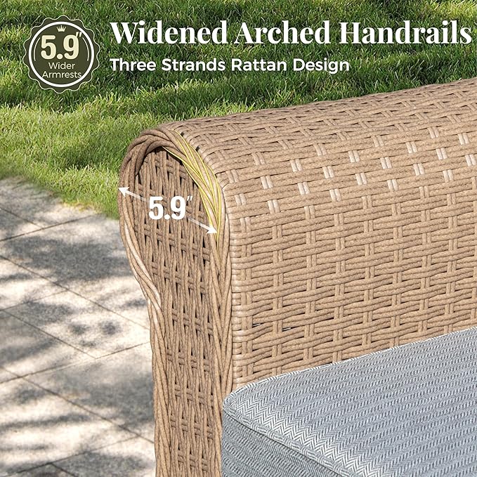 Patio Furniture Set 8 pcs, Wicker Outdoor Patio Furniture, 3-Seat Sofa, 4 Single Chairs, 2 Ottomans and 56" Gas Fire Pit Table, Rattan Patio Conversation Set for Backyard Deck, Grey