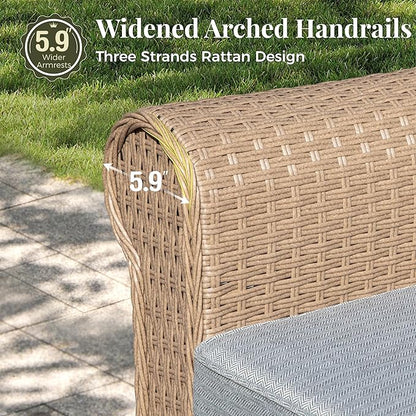 Patio Furniture Set 8 pcs, Wicker Outdoor Patio Furniture, 3-Seat Sofa, 4 Single Chairs, 2 Ottomans and 56" Gas Fire Pit Table, Rattan Patio Conversation Set for Backyard Deck, Grey