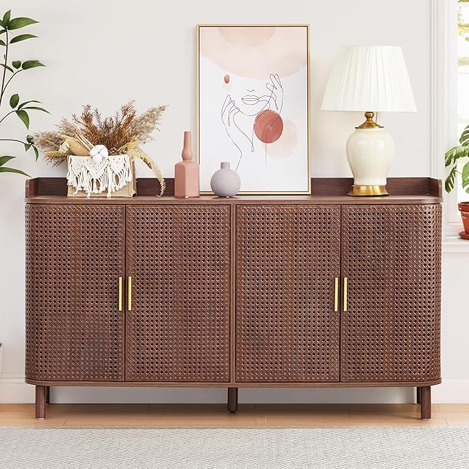 4 Doors Storage Cabinet, 2 Tier Wooden Storage Organizer Cabinet with Adjustable Shelf, Sideboard Buffet Cabinets with Iron Curved Doors Accent Shoe Rack for Entryway Hallway Living Room (Walnut)