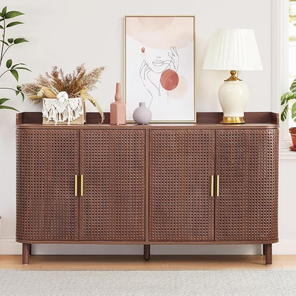 4 Doors Storage Cabinet, 2 Tier Wooden Storage Organizer Cabinet with Adjustable Shelf, Sideboard Buffet Cabinets with Iron Curved Doors Accent Shoe Rack for Entryway Hallway Living Room (Walnut)