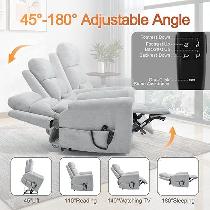 Power Lift Recliner Chair for Elderly People, Dual Motor Lay Flat Recliner with Vibration Massage and Heat, Heavy Duty Motion Mechanism Standing Assistance Reclining Chair, Chenille Fabric Light Gray