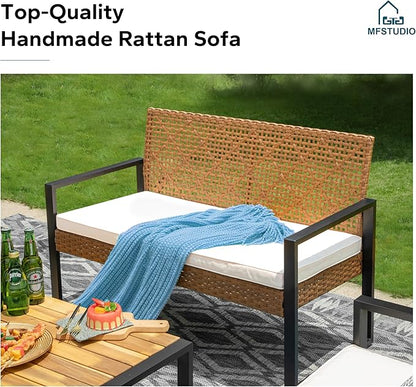 MFSTUDIO 4 Pieces Outdoor Patio Furniture Set, Outdoor Small Brown Rattan Sofa with Acacia Wood Table & Chairs, Patio Loveseat Furniture Set for 4, Beige