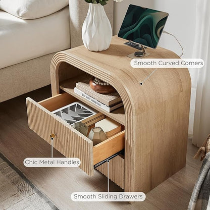 T4TREAM Fluted Nightstand with Charging Station, 24" Large 2 Drawers Bedside Table, Modern End Table with Storage Night Stand for Bedroom, Living Room, Round Curved Corner Design, Natural Oak