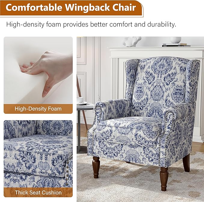Wingback Accent Chair, High Back Upholstered Armchair, Printed Fabric Wingback Arms Chairs with Wood Legs, Single Sofa Reading Chair for Bedroom Living Room, Navy