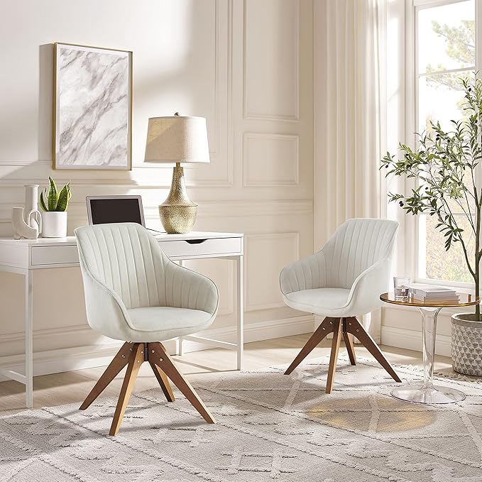Zouron Mid Century Modern Swivel Accent Chair, Vanity Chair with Wooden Legs, Upholstered Arm Chair No Wheels, Accent Side Chair for Small Space Home Office Living Room Bedroom, Raw White