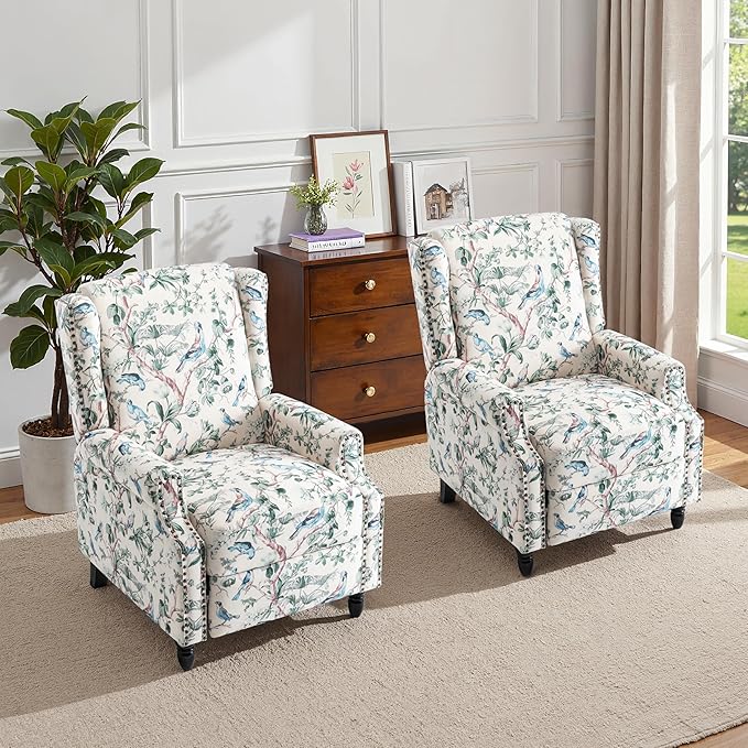 Pushback Recliner Chair Set of 2, Floral Fabric Wingback Recliner Chair, Upholstered Armchair Push Back Recliner, Rivet Trim Single Sofa Accent Chair with Wood Legs for Living Room, Bird