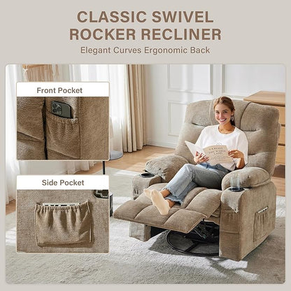 Manual 360°Swivel Rocker Recliner Chair,Single Recliner Seat with Cup Holders,Recliner Chairs for Adults, Upholstered Fabric Lazy Boy Recliner for Bedroom,Living Room,Brown