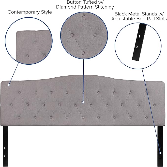 BizChair Arched Button Tufted King Size Headboard in Light Gray Fabric