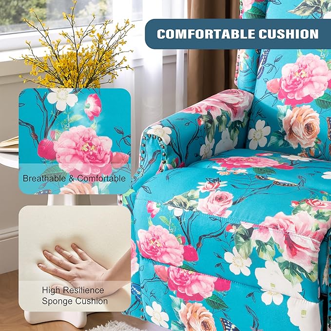 Premium 360° Swivel Recliner Chair with Footrest - Luxurious Cotton Linen & Botanical Design-Peacock Blue Rose