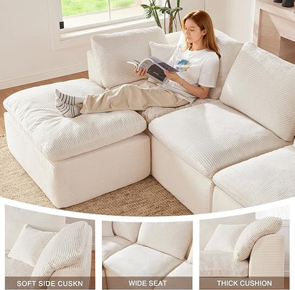 143" Cloud Sectional Couch, Boneless couches for Living Room，U Shaped Couch with Convertible Ottoman, Modular Sectional Sofa with Deep Seat, Comfy Soft Cushions, No Assembly, Beige
