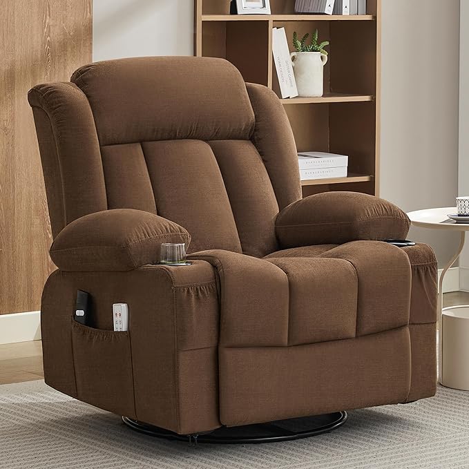 Power Swivel Rocker Recliner Chair with Heat and Massage, USB and Type-C Charging Port, Electric Glider Rocking Chairs, Oversized Recliner Chairs for Adults(Fabric, Brown)
