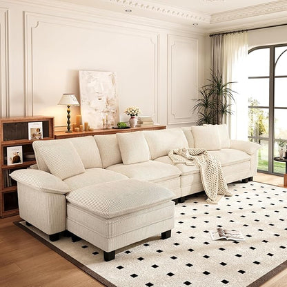 PHI VILLA Cloud Modular Couch Sets, 157.5" Sectional Sofa with L-Shaped Chaise, 5-Seater Upholstered Couches with Movable Ottoman for Living Room, Corduroy Fabric, Beige