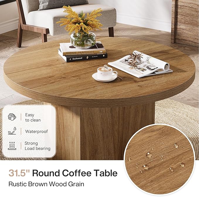 Tribesigns Round Coffee Table, 31.5" Mid Century Modern Center Table with Fluted Base, Farmhouse Wooden Accent Cocktail Tables for Small Space, Living Room, Apartment, Brown