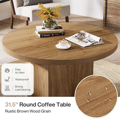 Tribesigns Round Coffee Table, 31.5" Mid Century Modern Center Table with Fluted Base, Farmhouse Wooden Accent Cocktail Tables for Small Space, Living Room, Apartment, Brown