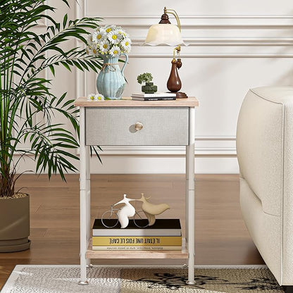 VECELO End Tables, Modern Nightstand with Fabric Drawer & Open Shelf, Night Stand for Bedroom Living Room, Industrial Metal Frame, Easy Assembly, Light Brown,2 Pack