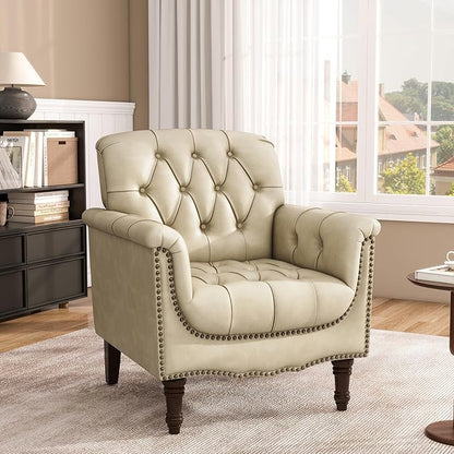 Lumibee Faux Leather Armchair, Contemporary Accent Chair with Nailhead Trims & Wood Legs for Living Room, Upholstered Comfy Arm Chair for Office,Bedroom-Beige