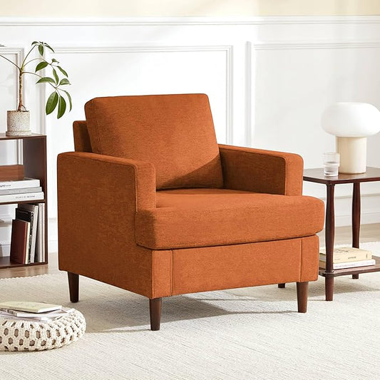 Mid-Century Accent Chair,Modern Linen Fabric Armchair for Living Room,Comfy Upholstered Reading Accent Chairs for Bedroom,Single Sofa Chair with Wood Legs (Orange, 1 Pack)